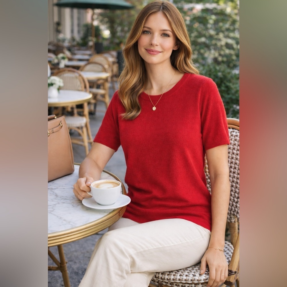 Bloomingdale’s 100% Cashmere Sweater XXL Red Short Sleeve Knit NWT - Picture 10 of 10